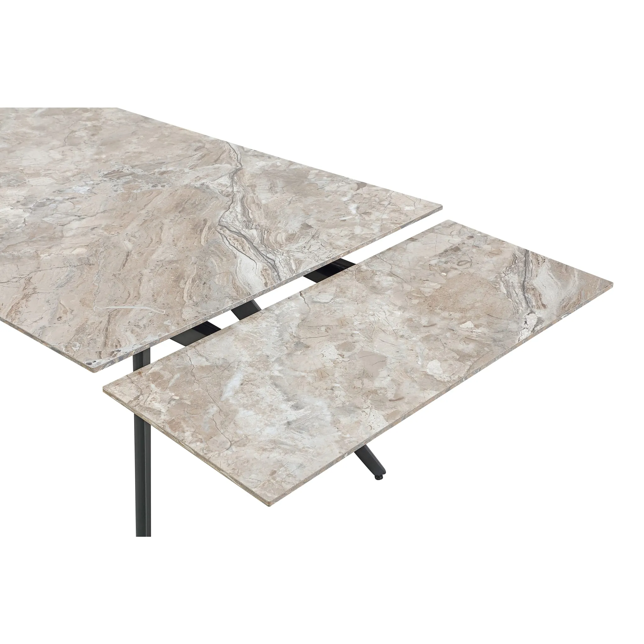 Lucia Double Extension Stone Top Metal Leg Dining Table in Rich Brown and Black